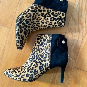 Cole Haan Grand OS 6.5 Calf Fur Leopard Black Suede Zip Stiletto Boots Heels